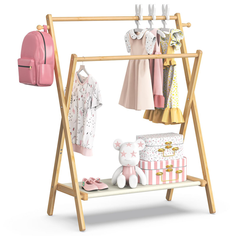 Portant pliable pour enfants avec tiges doubles et tablette de rangement l 31,1 po Mito, Naturel