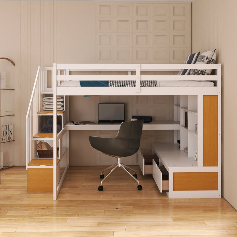 Lit mezzanine double avec bureau et tablettes, deux tiroirs intégrés, escalier de rangement, Blanc/naturel