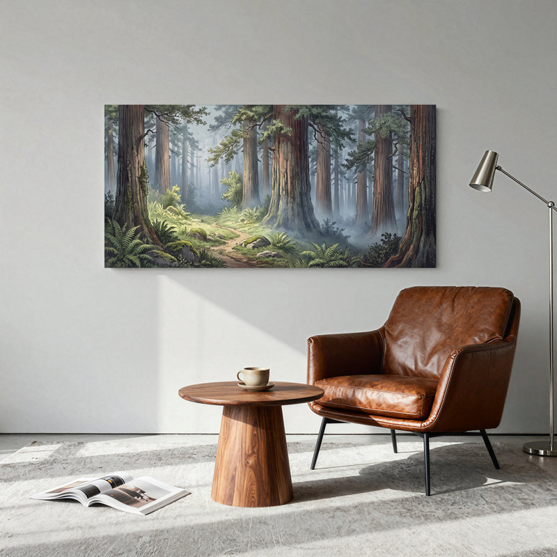 Tableau sur toile « Chemin brumeux à travers des arbres géants et des fougères », L 40 po x H 20 po