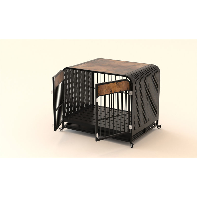 Cage pour chien robuste avec large plateau de table en bois massif, Grand (H 34,2 po x l 29,5 po x P 42 po), Brun