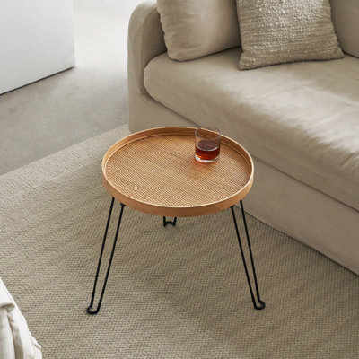 Round Wood And Rattan Side Table, Foldable Table With Metal Tripod, Rattan Round Tray Top, Boho Style, Chic Coffee Table, Foldable Side Table