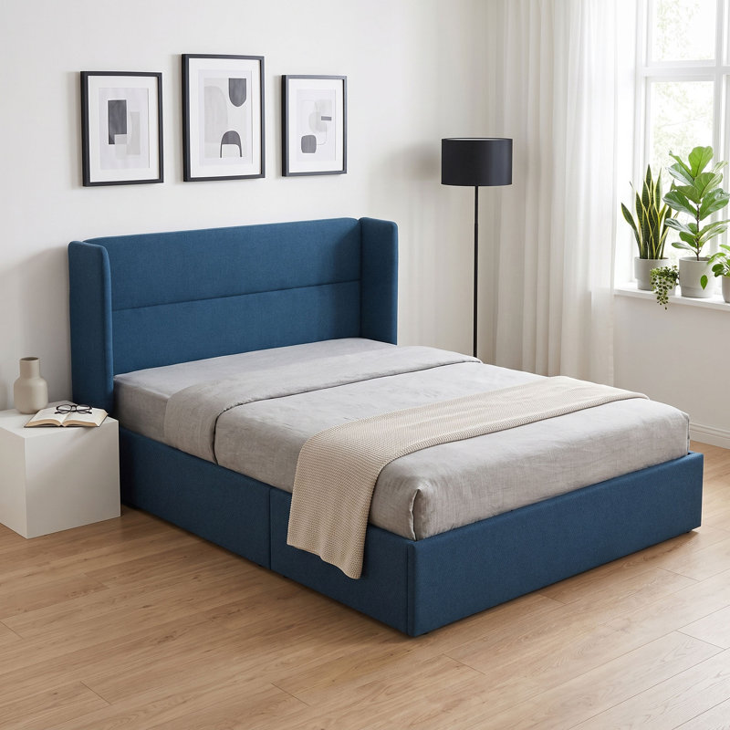 Lit plateforme tapissier avec rangement Gaillarde, Grand, Bleu pierre