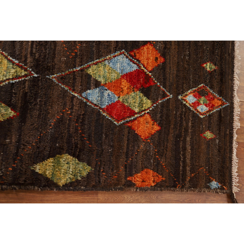 Tapis de couloir géométrique brun foncé noué à la main 3 x 10