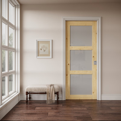 Intérieur: porte en bois de pin et verre givré 3-Lite intérieur, porte à gousset massif de style colonial, verre trempé SGCC, cadre solide renforcé et serrure de poche argentée et quincaillerie d'intimité, pré-fini et imperméable, pour garde-manger, chambre à coucher et placard, facile à bricoler, 24 po x 80 po