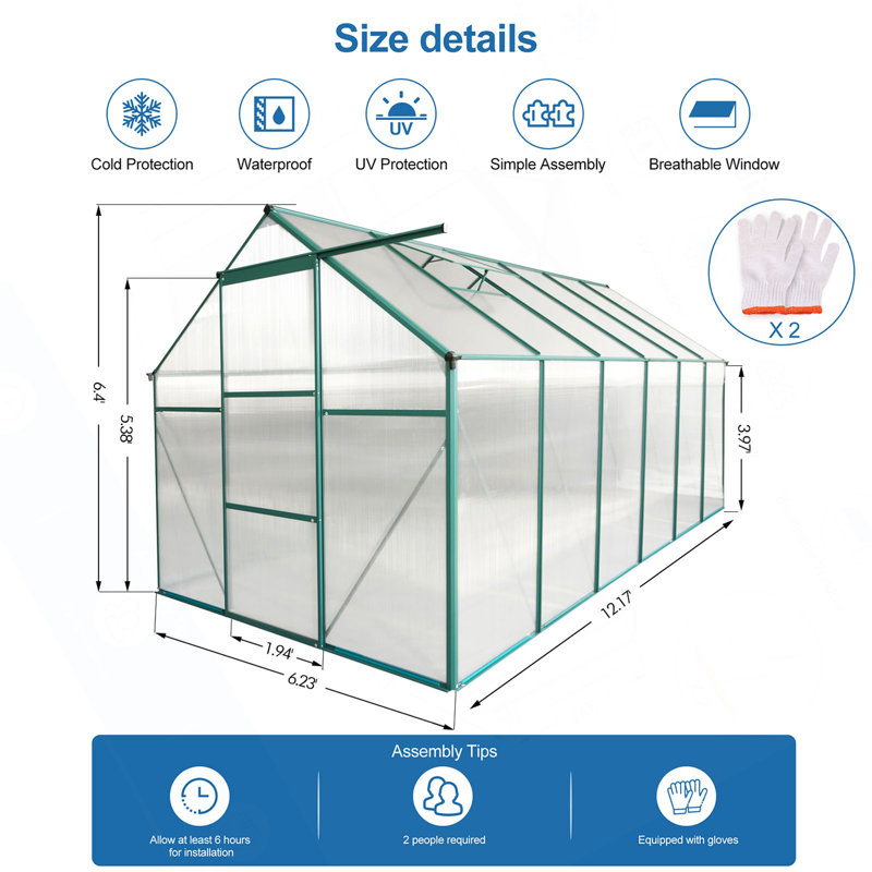 Spacieuse serre en polycarbonate avec des caractéristiques avancées pour le jardinage à l'année, Vert