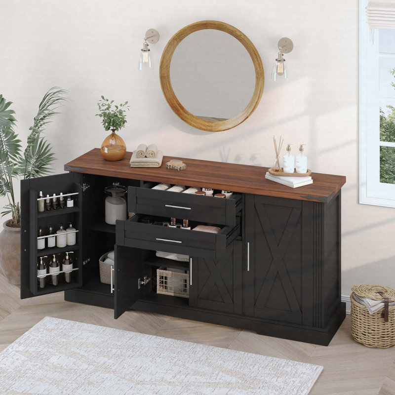 Armoire de rangement 63 "avec 2 tiroirs et support pour porte de grange Farmhouse, Noir