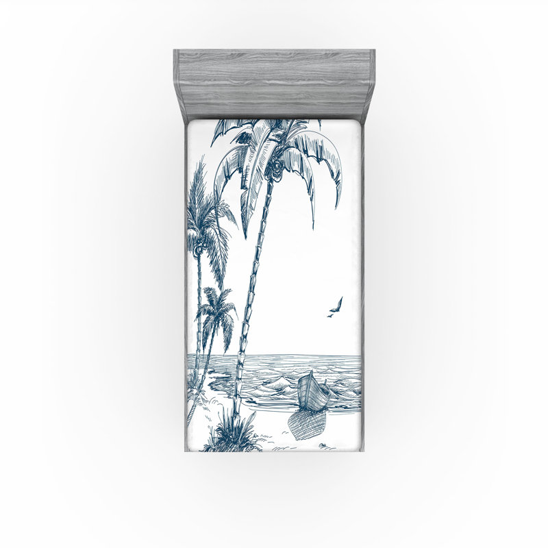 Ambesonne Island Fitted Sheet 2-Pack Palm Tree Boat Sketch Petrol Blue White, Twin Fitted Sheet
