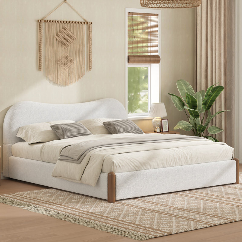 Très grand lit plateforme tapissier avec pieds en bois robustes, blanc, Blanc, Très grand lit