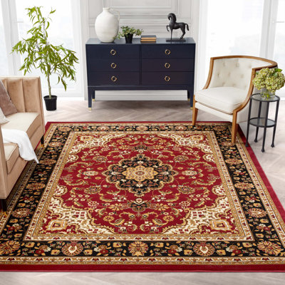 Romulus Power Loom Red/Beige/Black Medallion Kashan Rug
