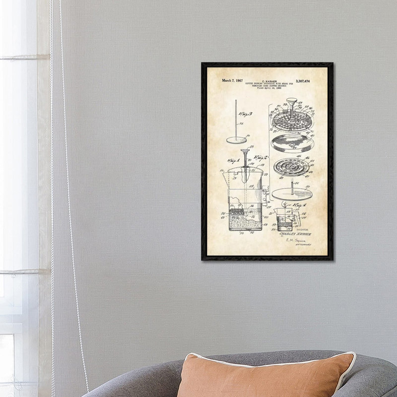 Coffee Press by Patent77 - Floater Frame Gallery-Wrapped Canvas Giclée on Canvas, Black , 66.04 cm H x 45.72 cm W