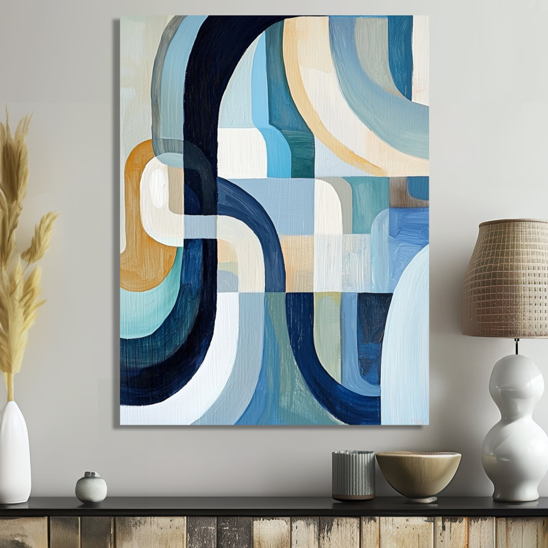 Cubist Blue Reality V - décoration murale géométrique en métal, impression moderne sur métal, H 20 po x l 12 po