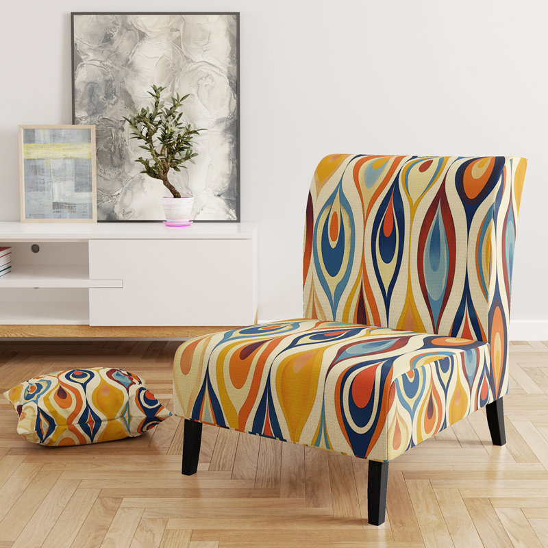 Retro Abstract Drops XI - Upholstered Contemporary Slipper Chair, Geometric Abstract Accent Chair, Yellow/Blue