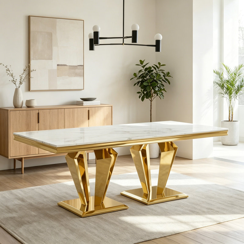 Rectangular Dining Table with Diamond-Shaped Base, White