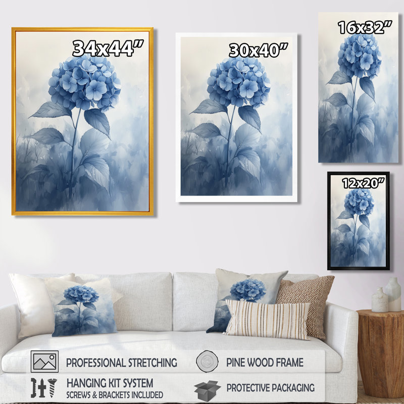 «Blue Hydrangeas In The Mist Dream II», art mural hydrangées, Impression encadrée flottante, H 44 po x l 34 po, Blanc