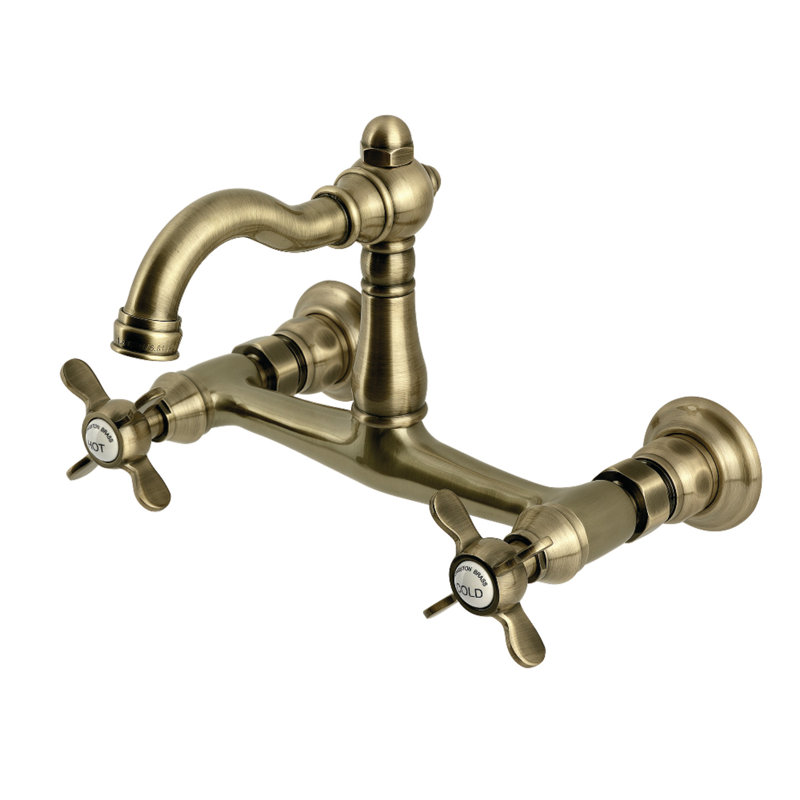 Kingston Brass Vintage Double-Handle 2-Hole Wall-Mount Bridge Kitchen Faucet, Antique Brass