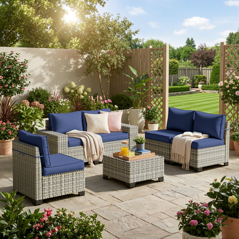 5-Person Outdoor Sectional Sofa Set With All-Weather HDPE Rattan, Cushions, And Wide Armrests, Navy Blue