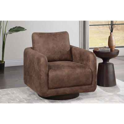 Modern Upholstered 360 - Degree Swivel Chair In Walnut Color, Solid Wood Base, Comfort For Reading Open Spaces Mid Century Style Wrapped Color Leather