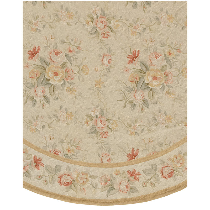 Tapis floral en laine noué à la main rose / beige / vert, Rond 12 pi