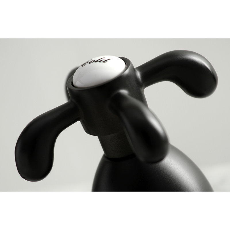 Kingston Brass French Country Two-Handle 3-Hole Deck Mount Widespread Bathroom Faucet with Brass Pop-Up Drain, Matte Black