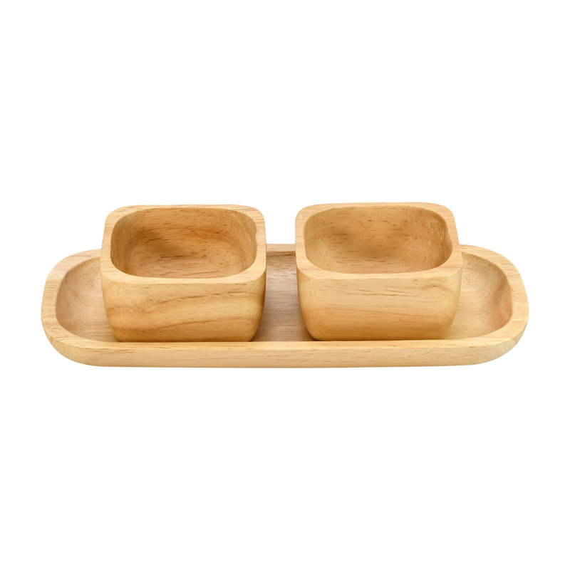 Ensemble d'assiettes fonctionnelles avec deux bols carrés en bois d'arbre de pluie brun naturel
