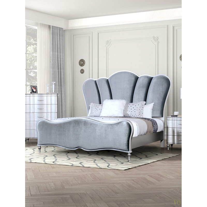 Mobilier de chambre à coucher tête de lit matelassée Glam, Argent argent, Grand lit