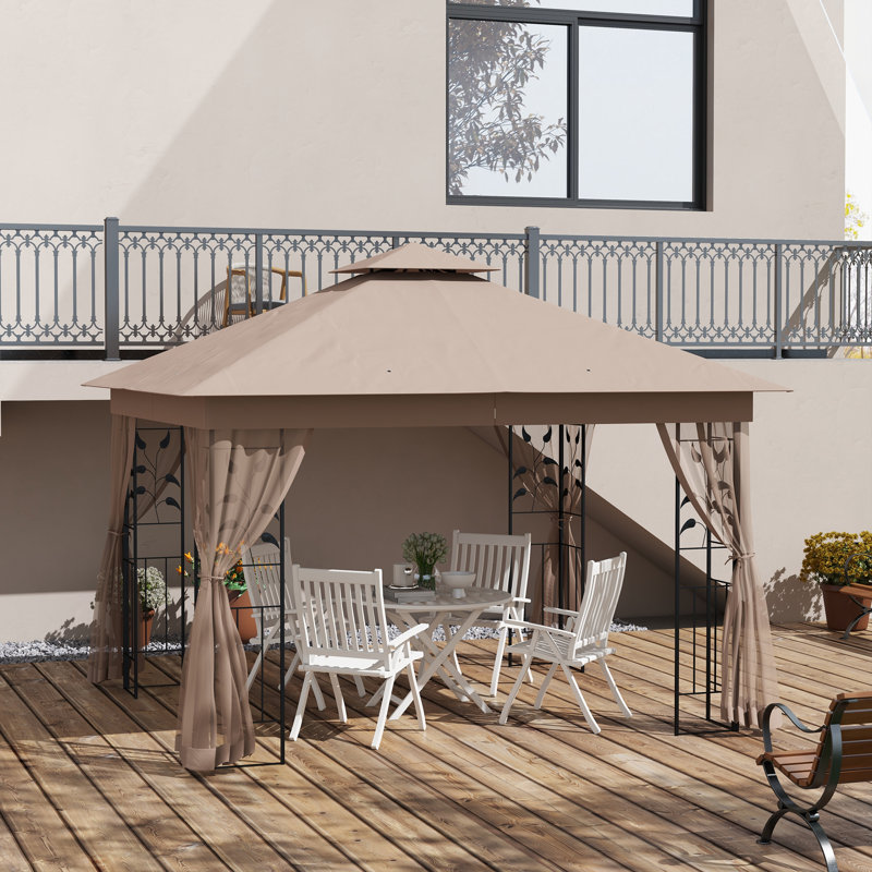 Outsunny 10' x 11.5' Metal Patio Gazebo, Double Roof Outdoor Gazebo Canopy Shelter with Tree Motifs Corner Frame and Netting, for Garden, Lawn, Backyard, and Deck, Brown