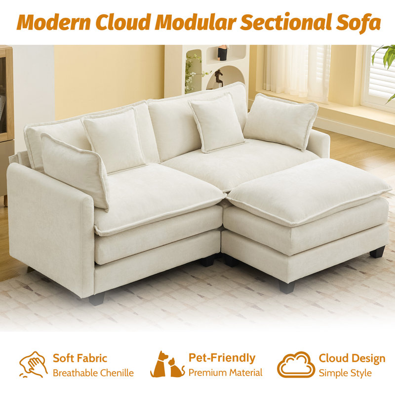 Canapé modulaire rembourré en chenille avec repose-pieds Chenille, 3, Beige