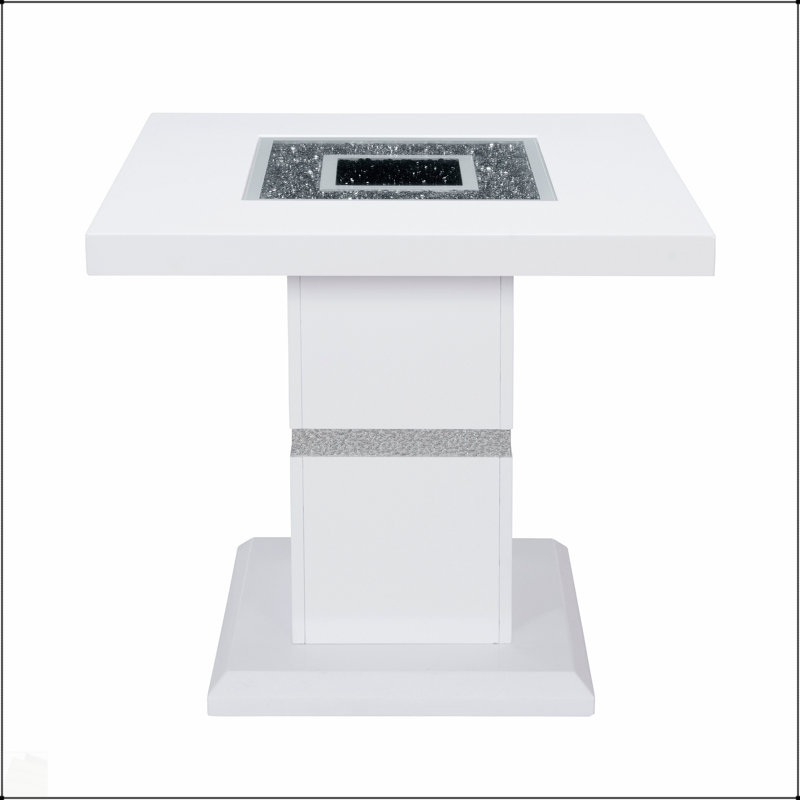 Ariya White End Table With High Gloss Finish And Glitter Detailing, Perfect For Modern And Elegant Home Decor, White
