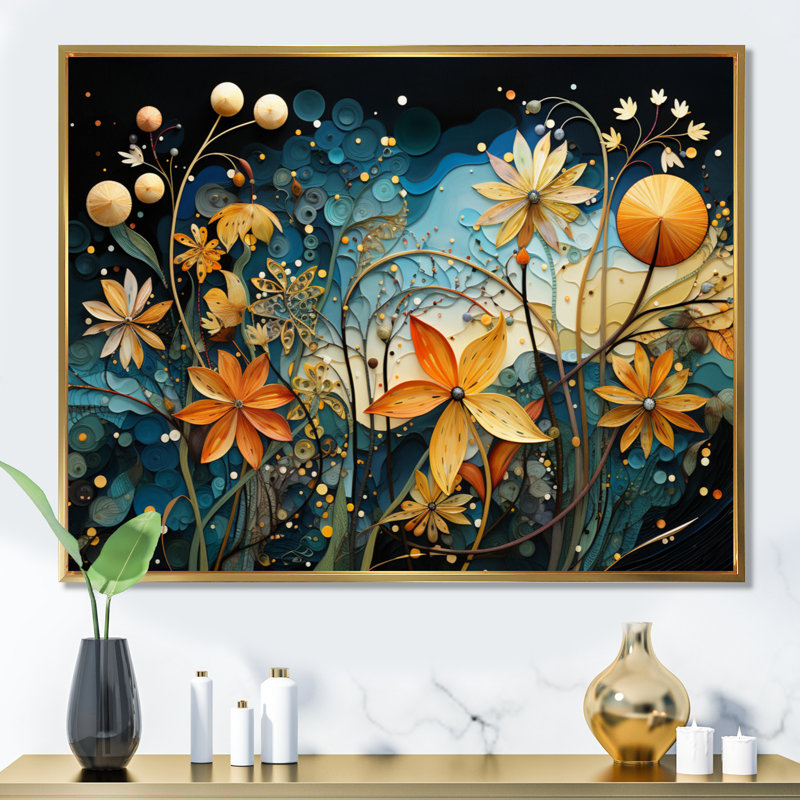 Orange orange, tropical, enchevêtrement VI - Collages abstraits, art mural, salon, H 34 po x l 44 po, Cadre flottant doré