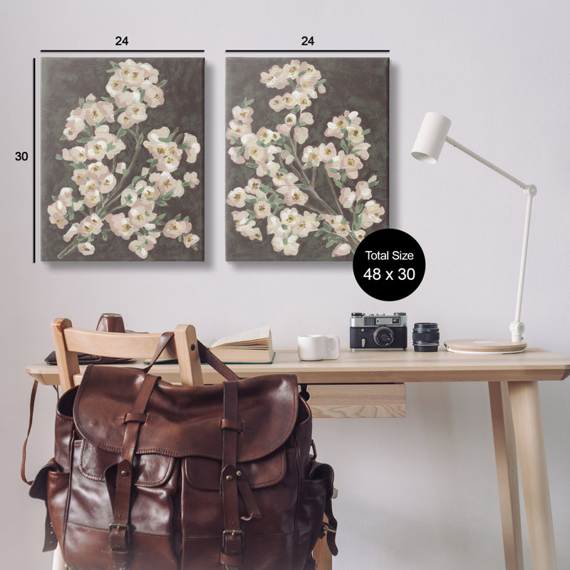 Ensemble de 2 impressions sur toile, "Branches de fleurs sur bourgogne", design par June Erica Vess, H 24 po x l 60 po