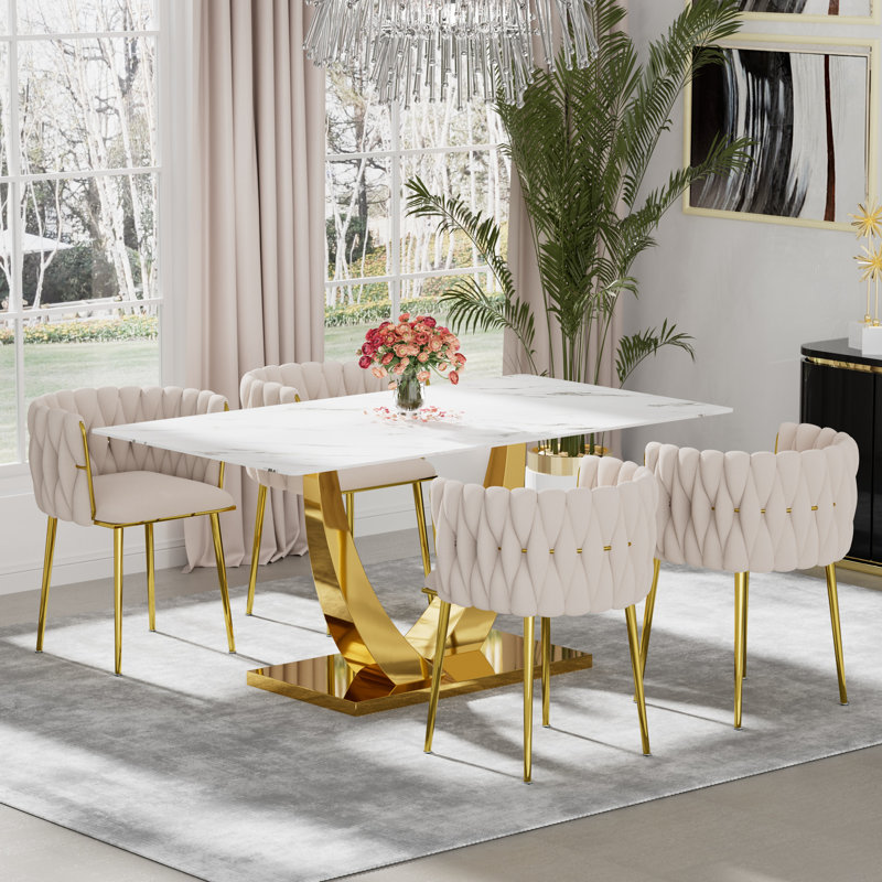 Rectangle Pedestal Dining Set with Woven Dining Chair, Beige