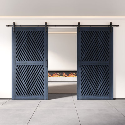 Homacer Navy Double 48in x 80in Unassembled & Finished Diamond Design Barn Doors with Non-Bypass Installation Hardware Kit, 18ft track, interior use only