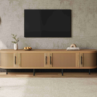 Meuble télé 70 po avec portes en rotin pour téléviseur de 80 po ou moins, console multimédia avec espace de rangement et trous pour câbles, meuble audio-vidéo pour salon
