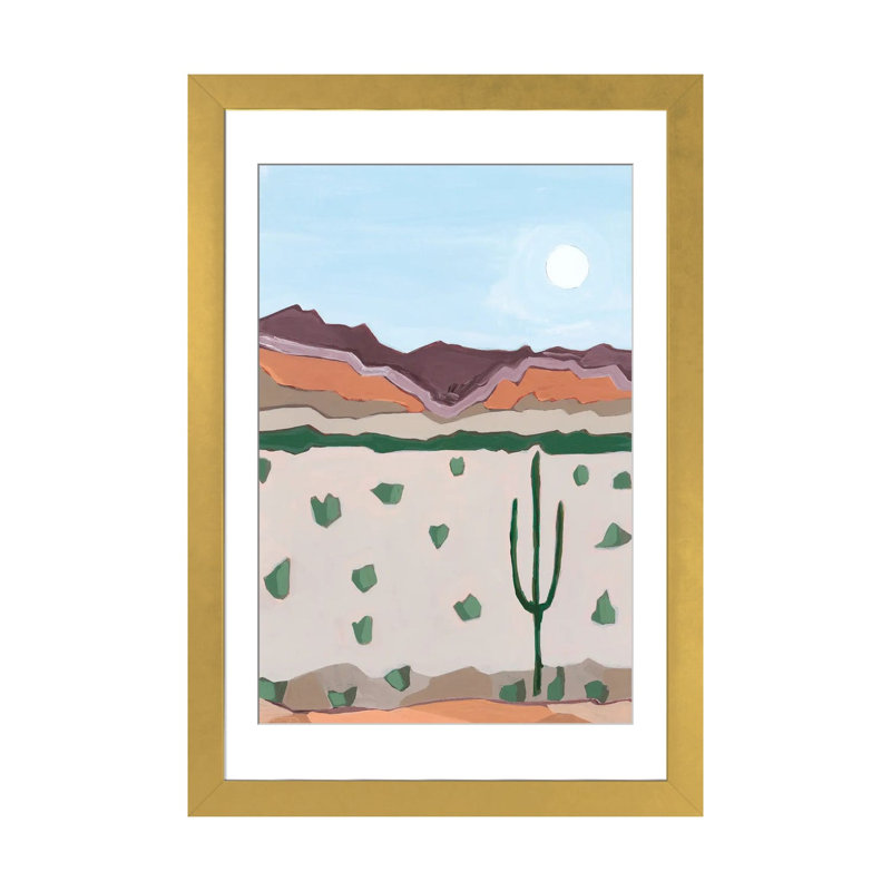 Lune sur cactus, 2023 - reproduction d'art mural - papier d'art encadré, 24 po x 16 po, Papier encadré, Doré
