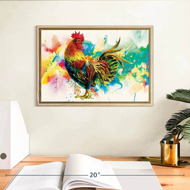 Éclaboussure de peinture de coq, Cadre flottant en bois naturel, 13 po x 9 po