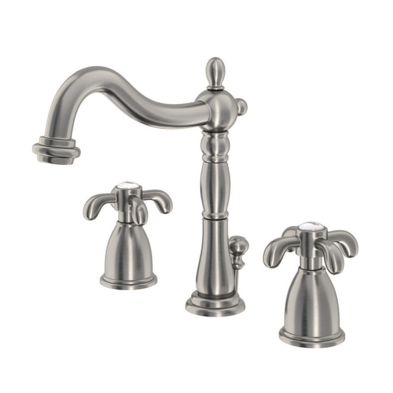 Kingston Brass French Country Two-Handle 3-Hole Deck Mount Widespread Bathroom Faucet with Pop-Up Drain, Brushed Nickel