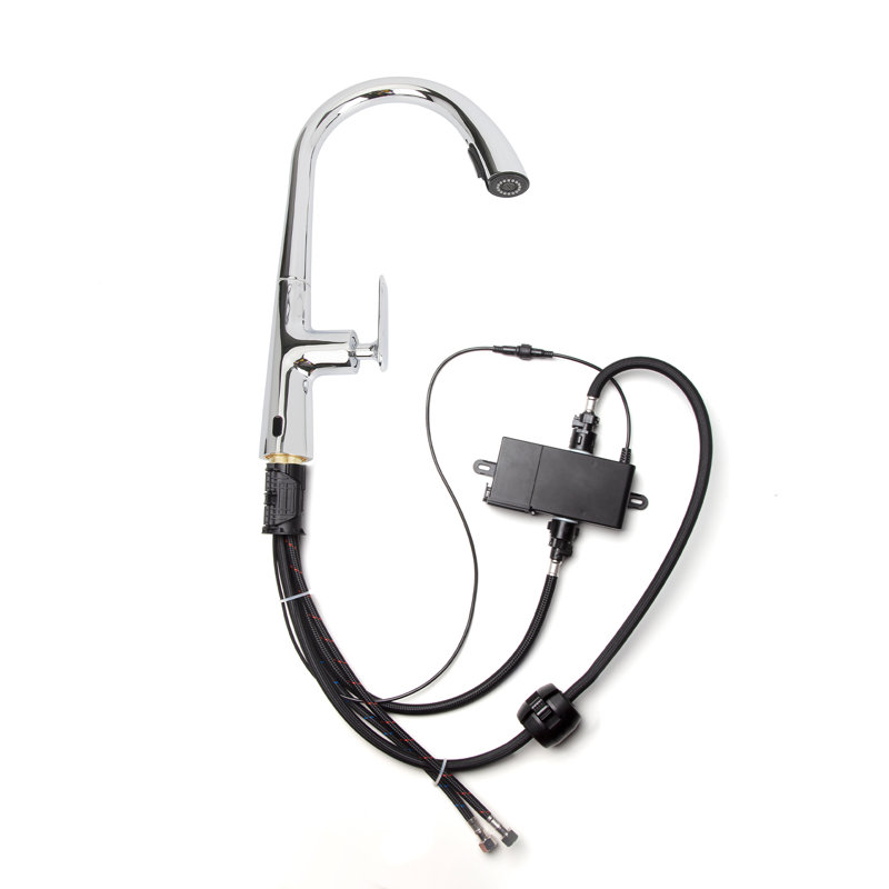 Single Handle Gooseneck 16.14 In. Pull Down Sprayer Kitchen Faucet W/ Button Control 360° Spout Swivel, 3-color Available