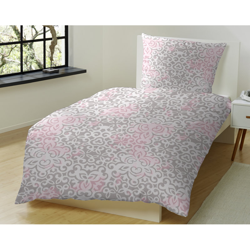 Sofia Cotton 200 TC Reversible 2 Piece Duvet Cover Set, 155 x 220cm Duvet Cover + 1 Pillowcase, Grey/Pink