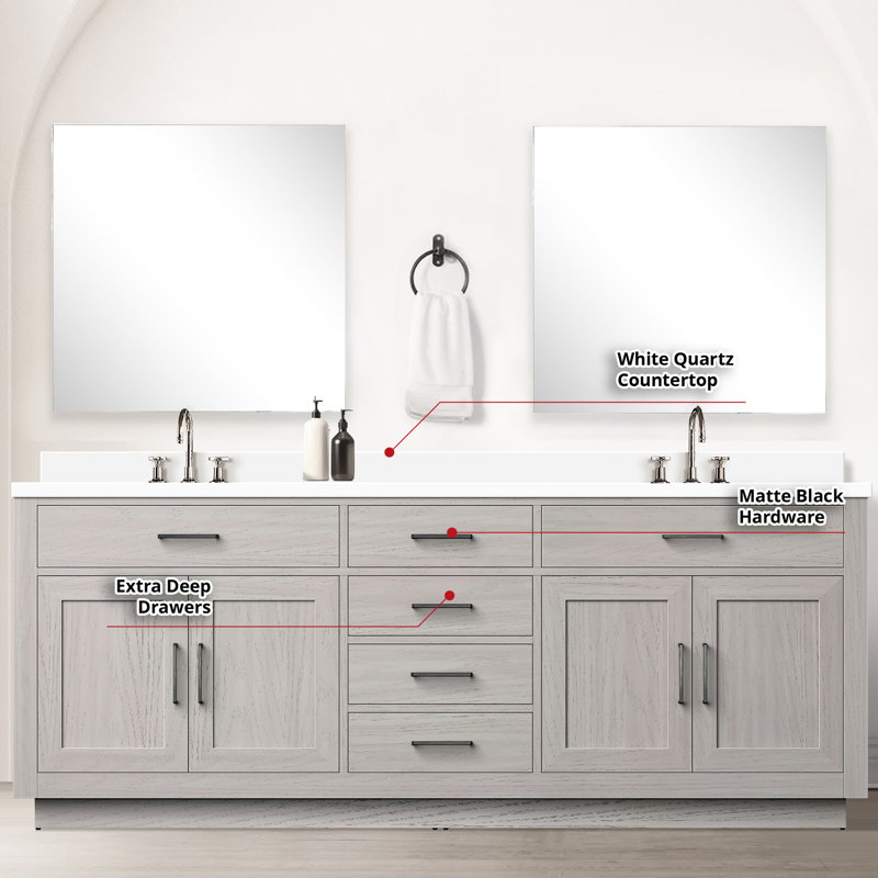 84 po Meuble-lavabo double en chêne blanc avec comptoir en quartz, robinet et 34 miroirs - comptoir assemblé 84 x 22, chêne, 34 po