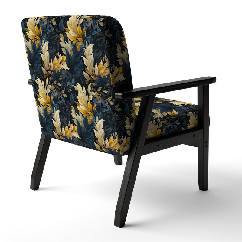 Fauteuil d'appoint beige à motif de plantes tropicales jaunes et bleues, recouvert de velours, style bord de mer