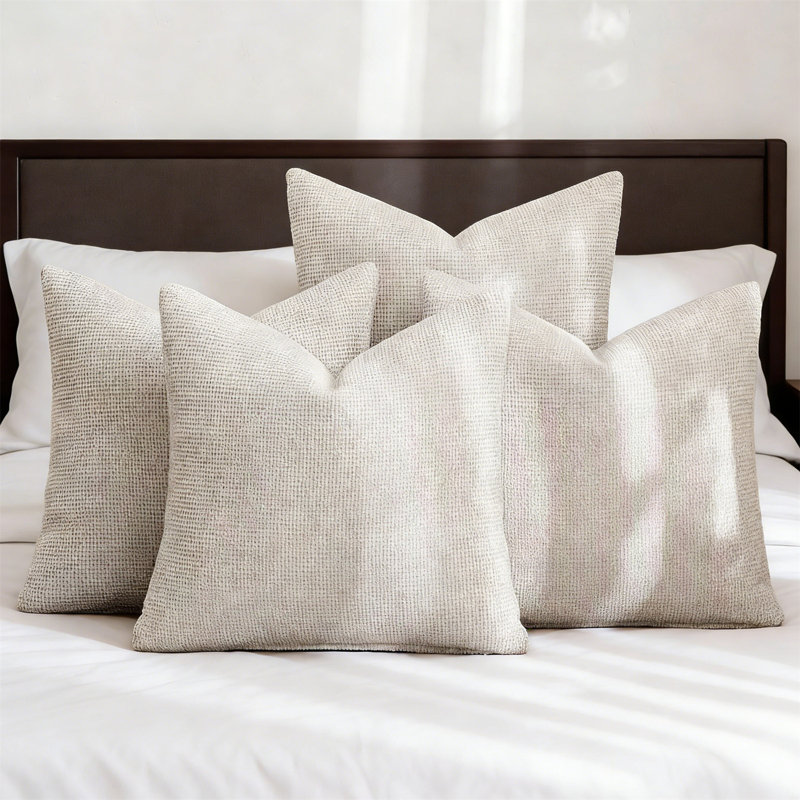 Set Of 4 18X18 Inch Cream Chenille Throw Pillow Covers, Farmhouse Boho Accent For Spring Decor, Cream