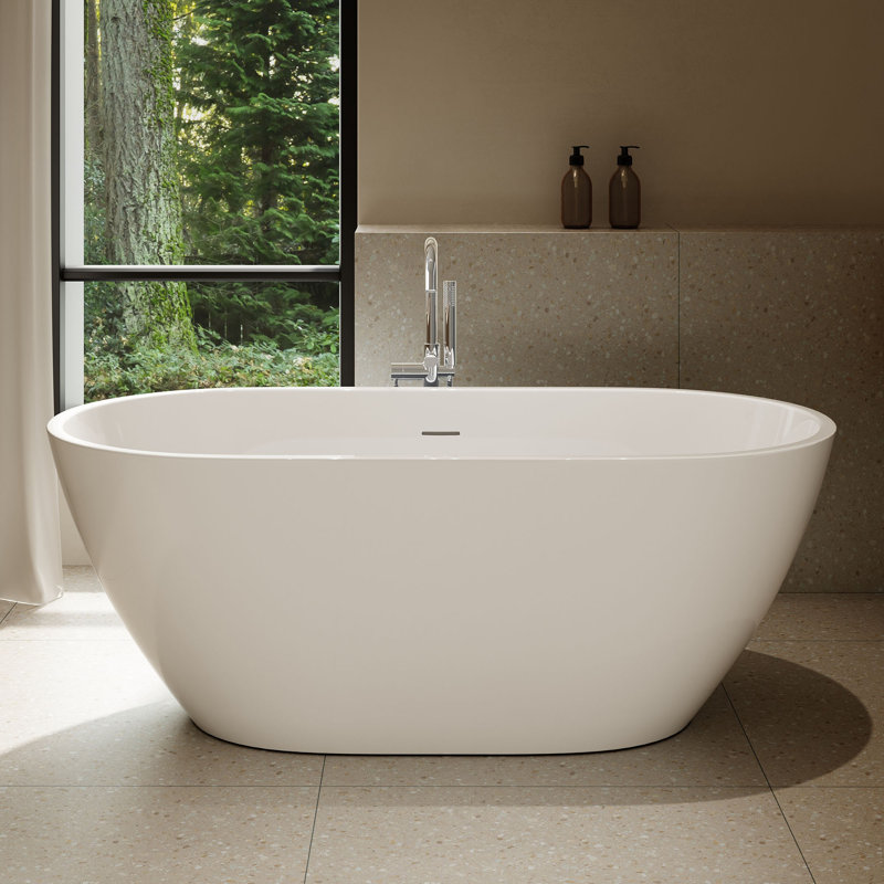Ayago 59.06" x 28.35" Solid Surface Freestanding White Acrylic Soaking Bathtub, with Overflow and Chrome Pop-up Drain, White