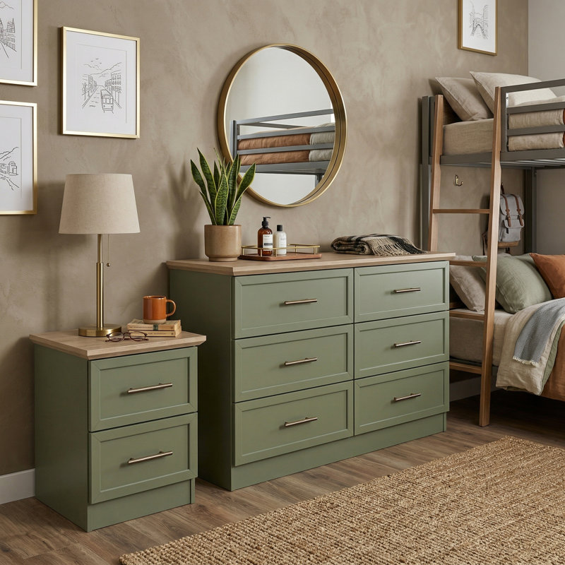 Cleverton Bedside Table And 6 Drawer Chest Bedroom Set, Kale Green