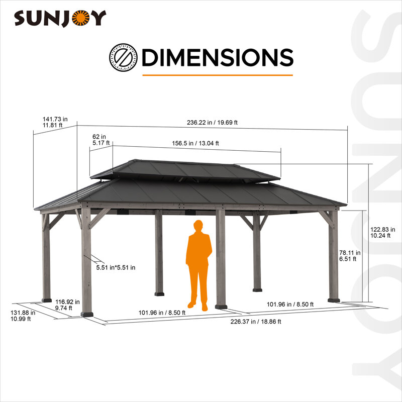 Sunjoy 12 ft. x 20 ft. Cedar Framed  Gazebo with Alum. Hardtop, Grey, Black