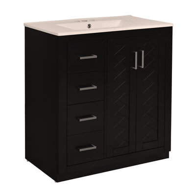 Ensemble de meuble-lavabo 30 po avec lavabo en céramique, structure en bois massif, 3 tiroirs et portes à fermeture douce pour un grand rangement