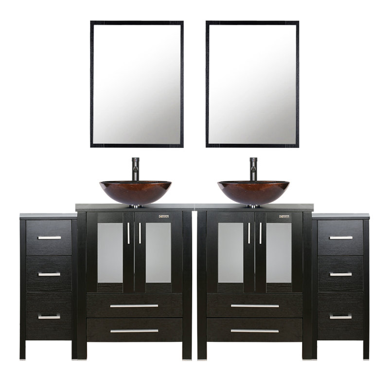 Aidin 72’’ Double Bathroom Vanity Set with Vessel Sink, Faucet, Drain, Black, Black