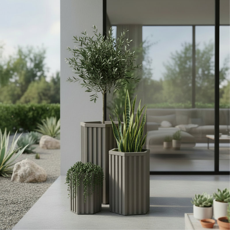 Hexagon Column Planter MD - Grey Brown, Brown Gray, 22.25" H x 13.5" W x 11.75" D