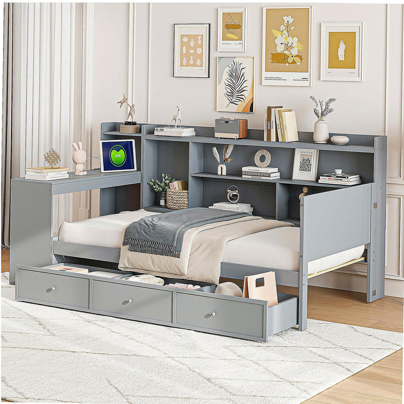 Wooden sofa bed with 3 drawers, USB ports, and a desk, Twin, Gray