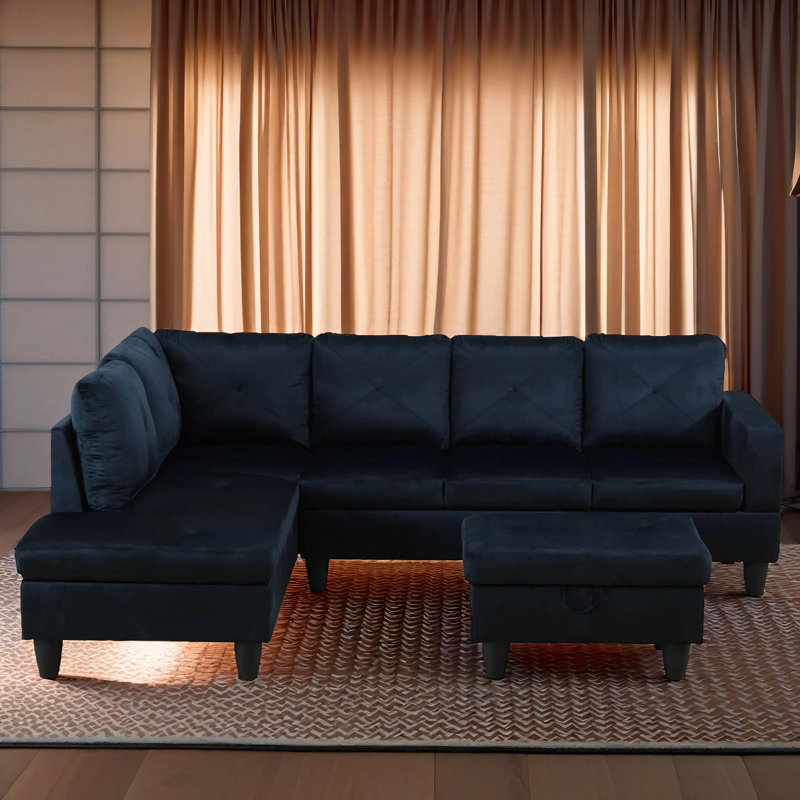 103" Ember Midnight Blue Microfiber 3-Piece Left Facing Sectional Sofa Set With Chaise And Storage Ottoman, Left Hand Facing