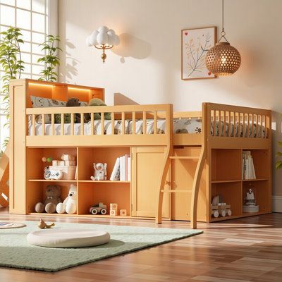 AVELOR Space-Saving Full Loft Bed with Built-In Storage Shelves & LED Headboard Light - Sturdy Kids Elevated Sleep Solution